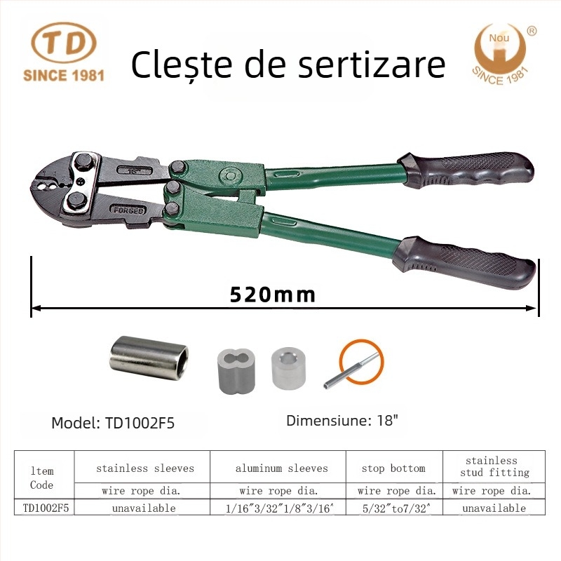 Clește de sertizare multifuncțional, cu clemă din cupru în formă de 8, cu inel din cupru și inel din aluminiu, pentru cablu de sârmă