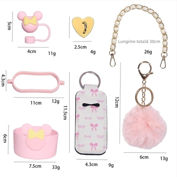 Set accesorii pentru paharul Stanley cu Mickey – șapte piese, lanț metalic perlă, husă pentru ruj, pompon și cârlig în formă de inimă