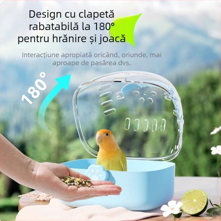Cuib portabil pentru păsări, destinat utilizării în aer liber, potrivit pentru papagali și păsări mici, cu design compact pentru purtare.