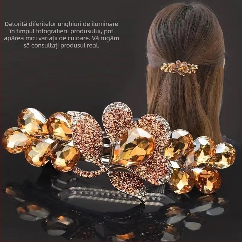 Clamă de păr în stil coreean, mare, cu fluture din cristal și floare din stras, clip elastic cu arc