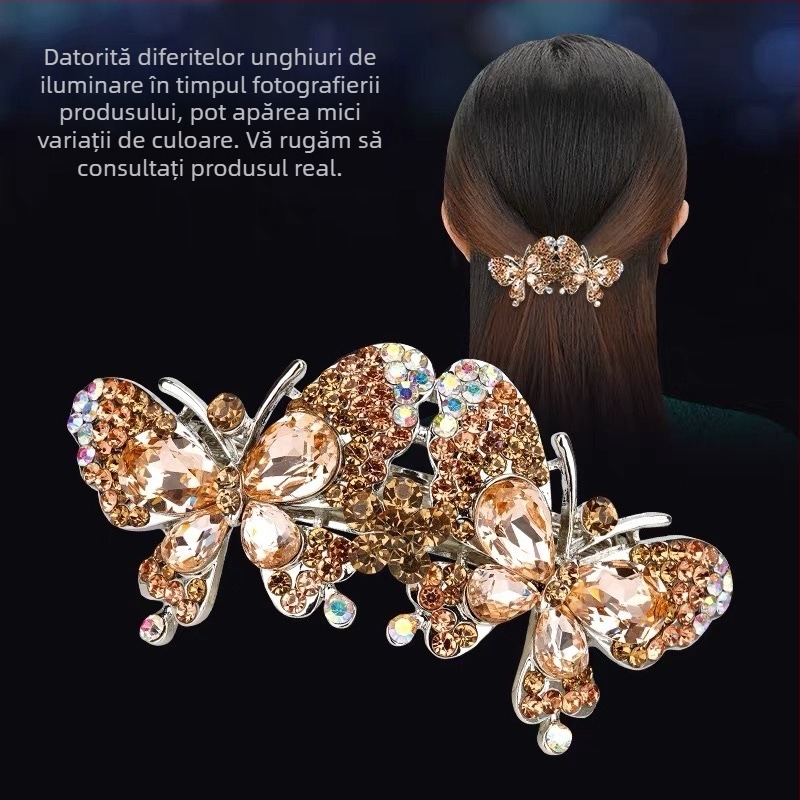 Clamă de păr în stil coreean, mare, cu fluture din cristal și floare din stras, clip elastic cu arc