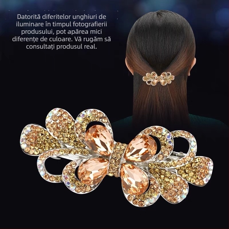 Clamă de păr în stil coreean, mare, cu fluture din cristal și floare din stras, clip elastic cu arc