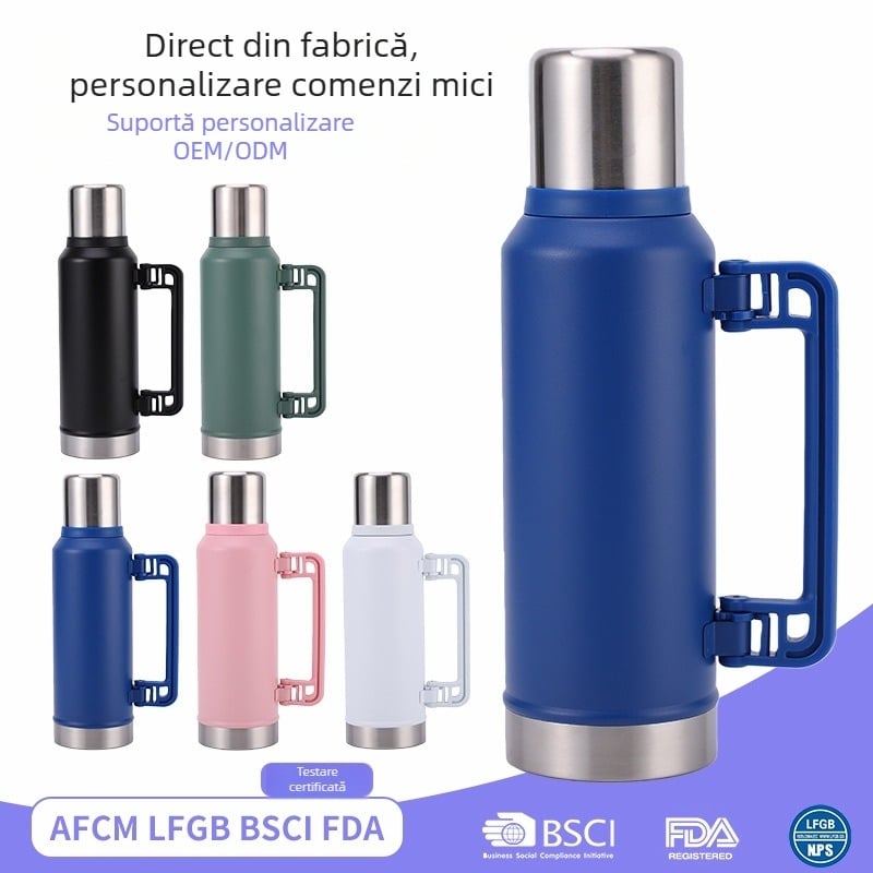 Cană de apă mare pentru activități în aer liber, cu pereți dubli izolați în vid, cu mâner, din oțel inoxidabil 304 interior / 201 exterior
