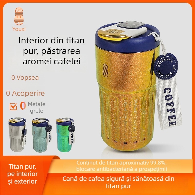 Cană dublu-strat din titan pur, vas izolant din aliaj de titan, 420 ml, cană de călătorie cu afișaj temperatură