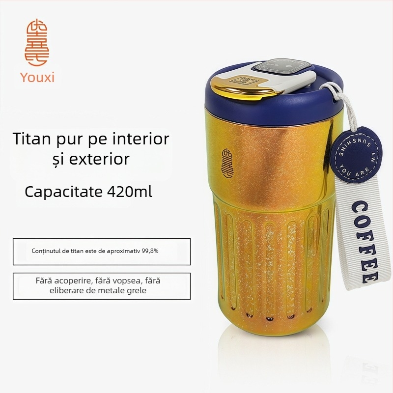 Cană dublu-strat din titan pur, vas izolant din aliaj de titan, 420 ml, cană de călătorie cu afișaj temperatură