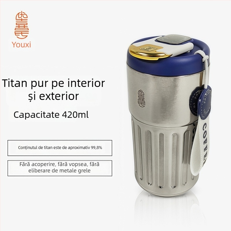 Cană dublu-strat din titan pur, vas izolant din aliaj de titan, 420 ml, cană de călătorie cu afișaj temperatură