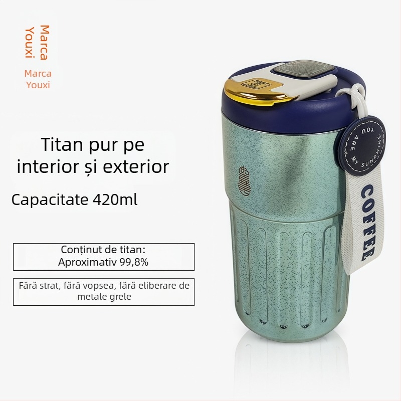 Cană dublu-strat din titan pur, vas izolant din aliaj de titan, 420 ml, cană de călătorie cu afișaj temperatură
