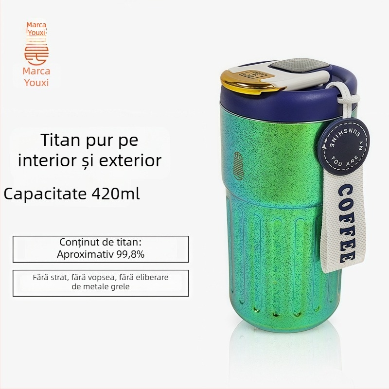 Cană dublu-strat din titan pur, vas izolant din aliaj de titan, 420 ml, cană de călătorie cu afișaj temperatură