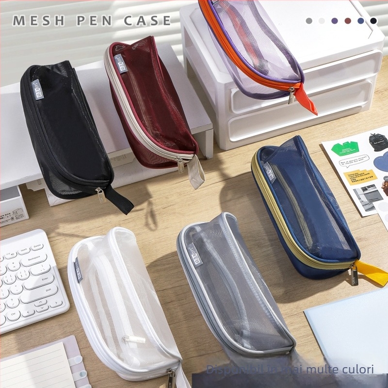 Geantă de creioane cu capacitate mare, design din plasă în trei straturi, multifuncțională, rezistentă la deformare, stil minimalist pentru liceeni