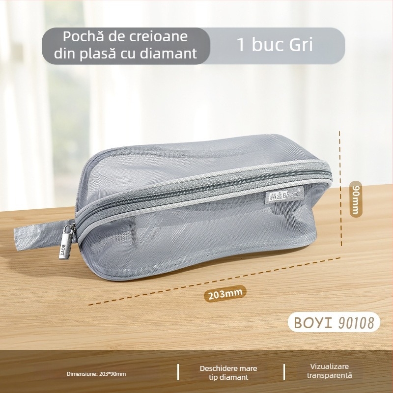 Geantă de creioane cu capacitate mare, design din plasă în trei straturi, multifuncțională, rezistentă la deformare, stil minimalist pentru liceeni