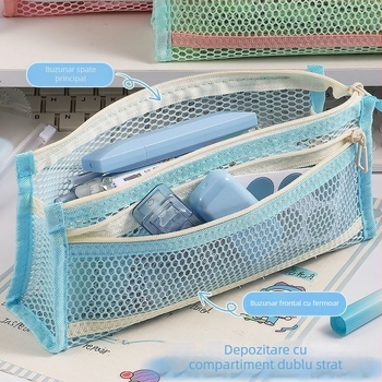 Penar pentru creioane în stil Ins, cu plasă triunghiulară și blocaj de culoare, dublu strat, transparent, spațiu mare pentru elevi la examene