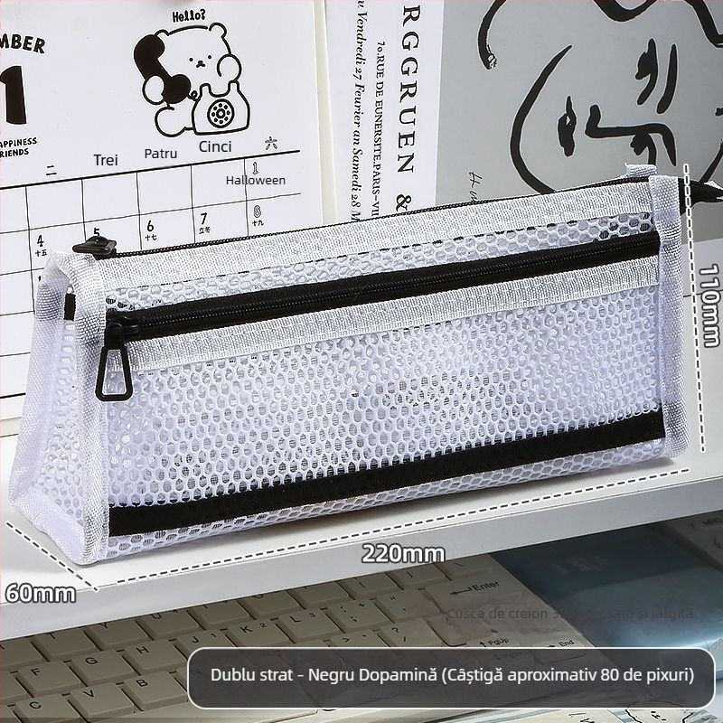 Penar pentru creioane în stil Ins, cu plasă triunghiulară și blocaj de culoare, dublu strat, transparent, spațiu mare pentru elevi la examene