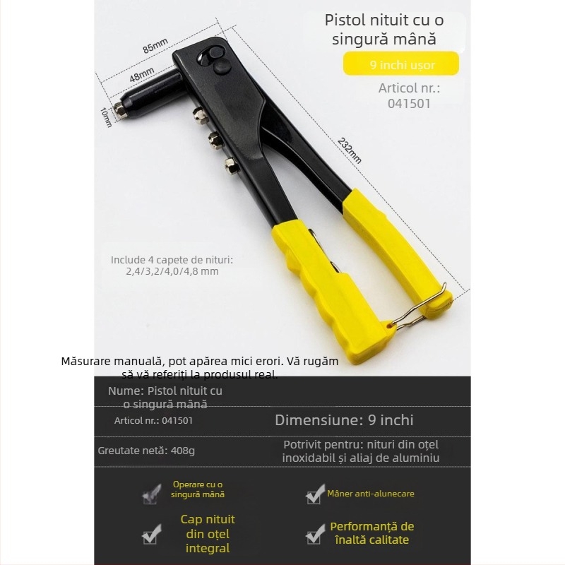 Pistol de nituri, manual, industrial, pentru uz casnic, mic pistol de nituit, instrument de tragere a niturilor, economisire a efortului