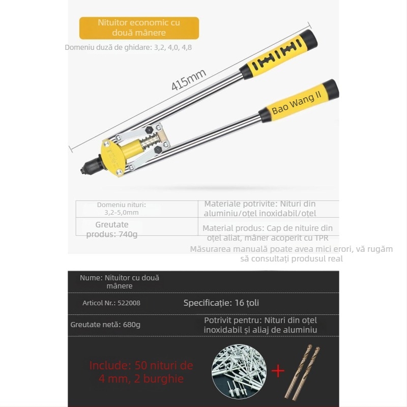 Pistol de nituri, manual, industrial, pentru uz casnic, mic pistol de nituit, instrument de tragere a niturilor, economisire a efortului