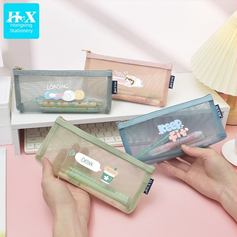 Hong Xing geantă pentru creioane de examen, plasă triunghiulară mare, cutie transparentă pentru creioane, stil coreean pentru elevi, design creativ