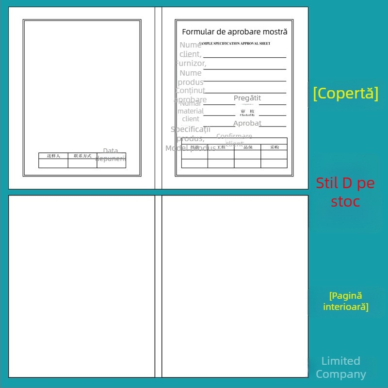 Carte de probă pentru îmbrăcăminte, format A4, pliată, cu imprimarea logo-ului companiei