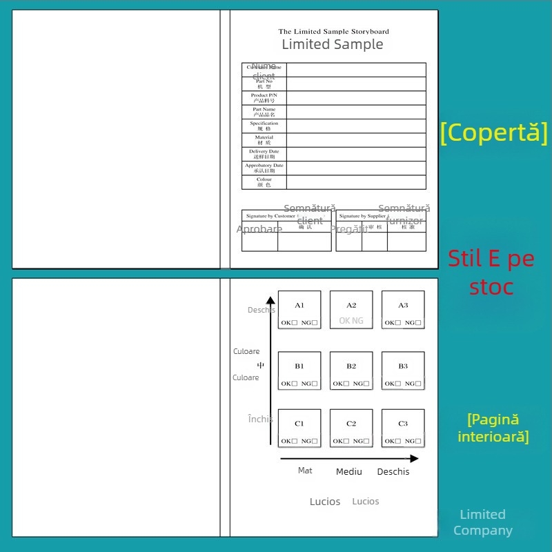 Carte de probă pentru îmbrăcăminte, format A4, pliată, cu imprimarea logo-ului companiei