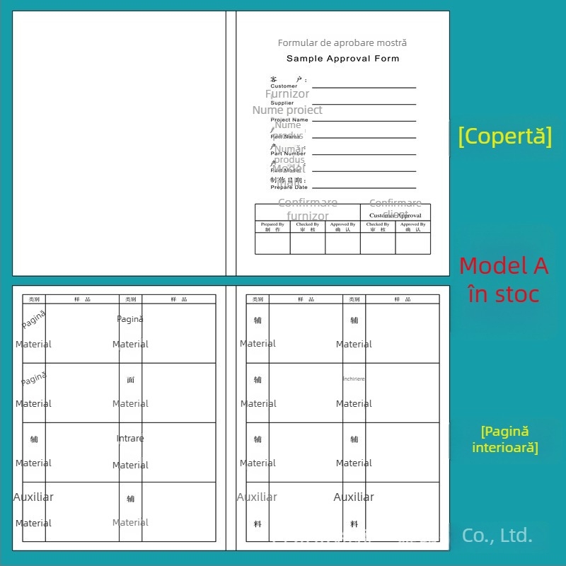 Carte de probă pentru îmbrăcăminte, format A4, pliată, cu imprimarea logo-ului companiei
