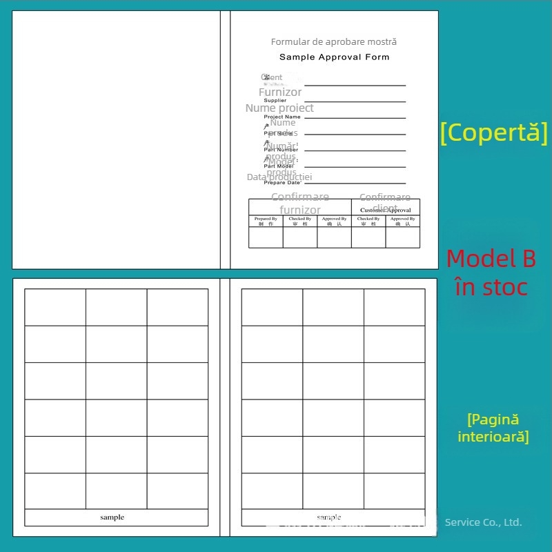 Carte de probă pentru îmbrăcăminte, format A4, pliată, cu imprimarea logo-ului companiei