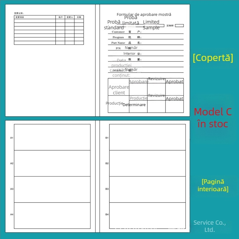 Carte de probă pentru îmbrăcăminte, format A4, pliată, cu imprimarea logo-ului companiei