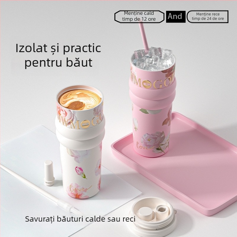 Cană termos izolată cu design floral pentru femei, capacitate mare, cu pai, interior ceramic, cadou de ziua și Festivalul Lunii