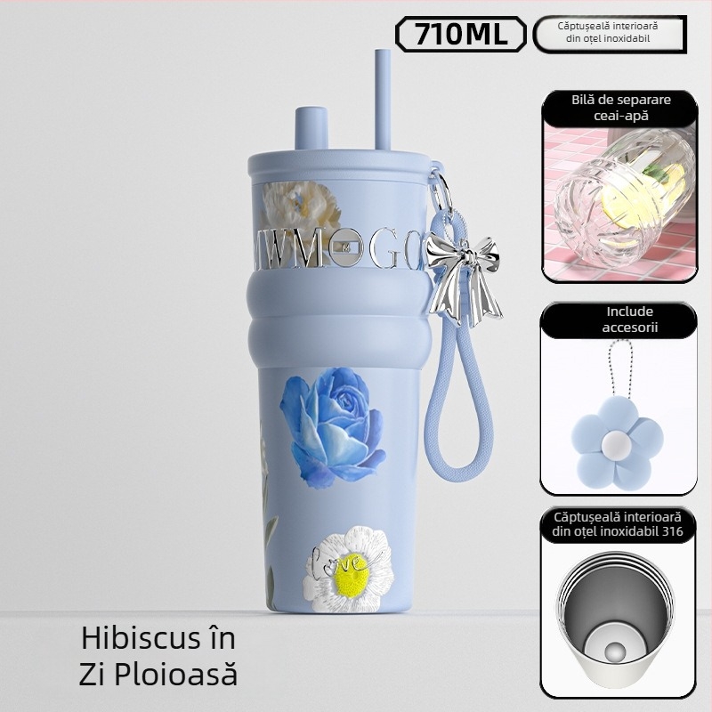 Cană termos izolată cu design floral pentru femei, capacitate mare, cu pai, interior ceramic, cadou de ziua și Festivalul Lunii