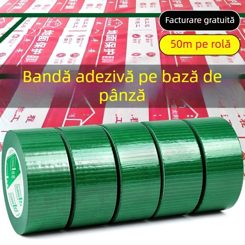 Bandă textilă cu aderență înaltă pentru protecția podelei și fixarea covoarelor, rolă mare de 50 m, lățimi 4,8 cm sau 6 cm, fără reziduuri, culori: verde, argintiu, roșu, negru.