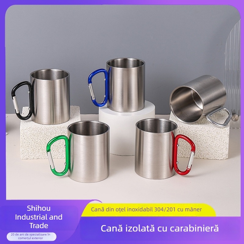 Cană izolată termic cu carabinieră și mâner, din oțel inoxidabil cu pereți dubli, pentru camping, 330 ml/220 ml
