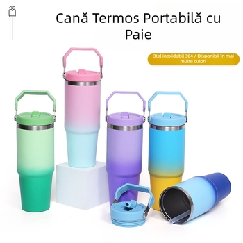Cană termoizolantă portabilă din oțel inoxidabil 304, capacitate mare, cu pai și mâner de transport, pentru exterior