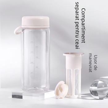 Pahar din plastic cu infuzor de ceai, portabil, cu pereți dubli, transparent, cu scară de măsurare pentru ceai și cafea