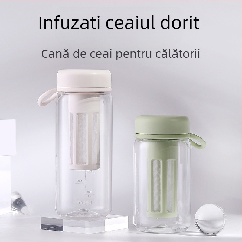 Pahar din plastic cu infuzor de ceai, portabil, cu pereți dubli, transparent, cu scară de măsurare pentru ceai și cafea
