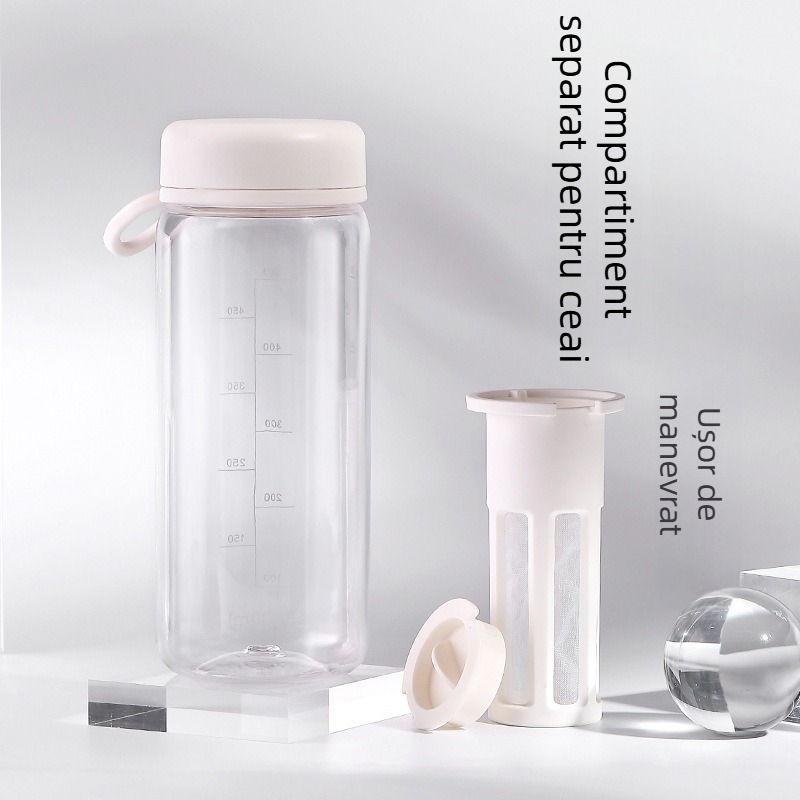 Pahar din plastic cu infuzor de ceai, portabil, cu pereți dubli, transparent, cu scară de măsurare pentru ceai și cafea