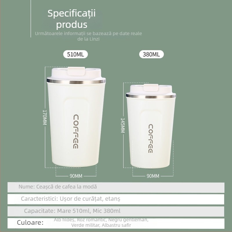 Cana de cafea cu pereți dubli, izolare în vid, din oțel inoxidabil 304, portabilă pentru mașină și birou