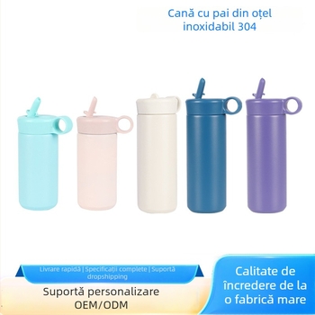 Cană din oțel inoxidabil 304 cu pai și capac, termos portabil pentru băut direct