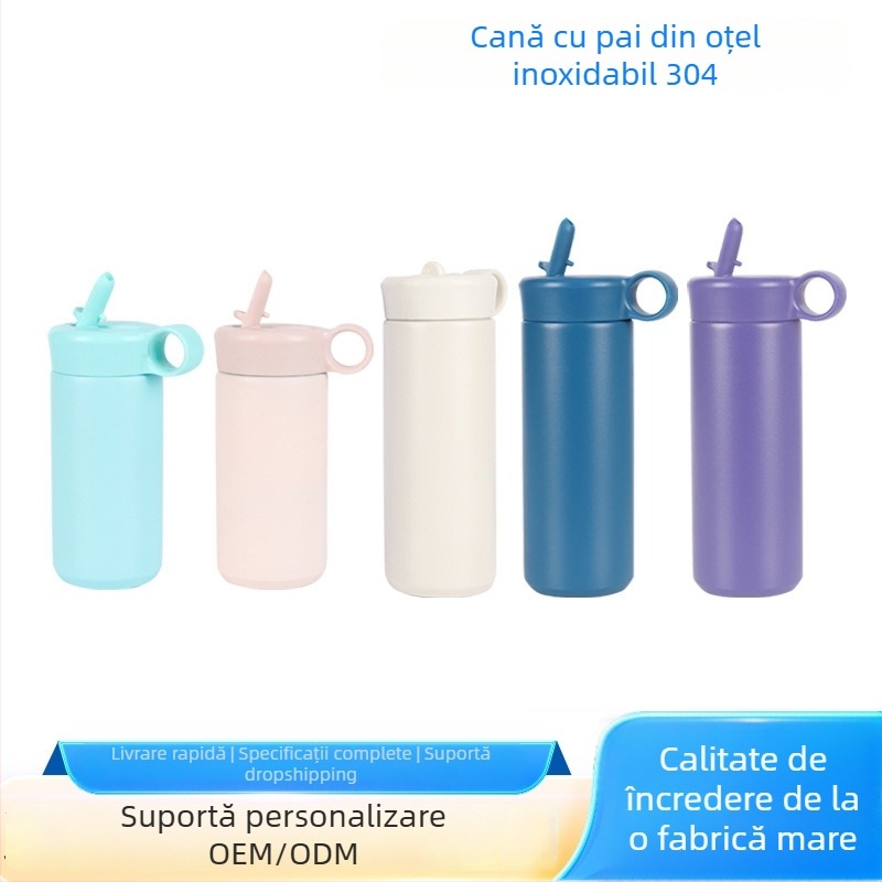 Cană din oțel inoxidabil 304 cu pai și capac, termos portabil pentru băut direct