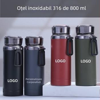 Termos din oțel inoxidabil 316, 800 ml, capacitate mare, pentru exterior, cu snur de purtare și drenaj pentru ceai