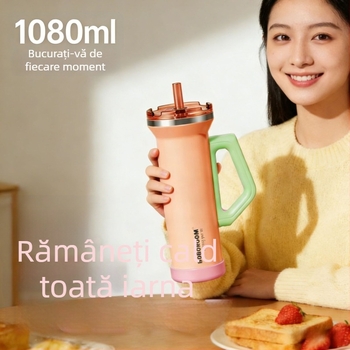 Pahar auto din oțel inoxidabil, 1080 ml, cu mâner, izolație în vid, capac cu pai