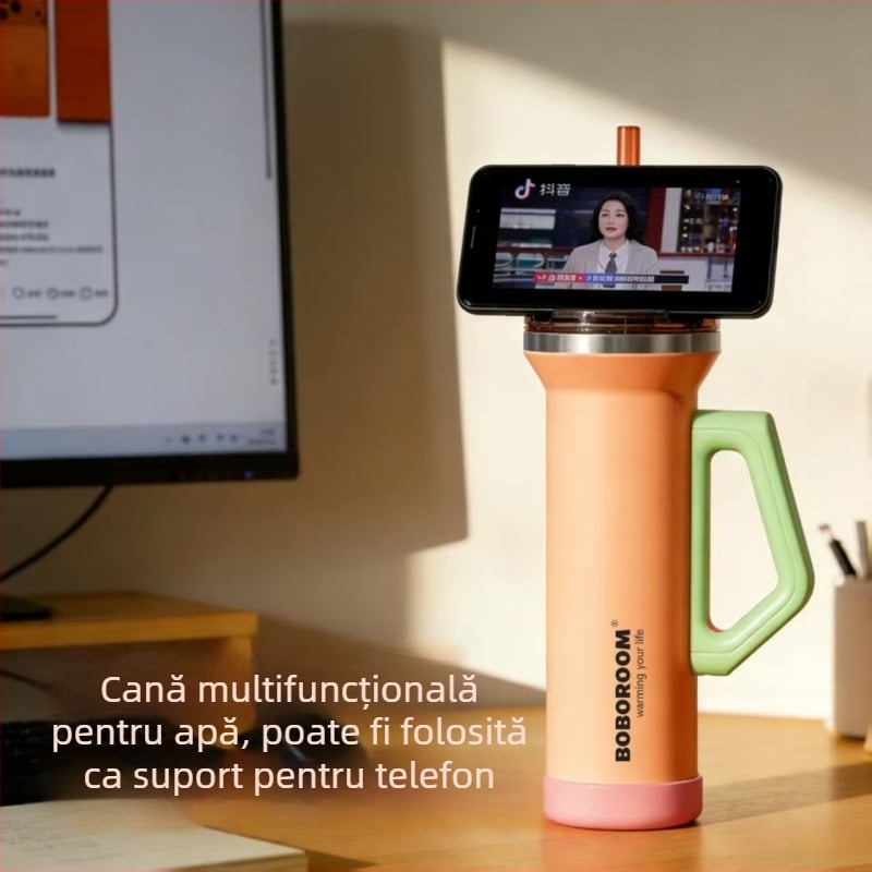 Pahar auto din oțel inoxidabil, 1080 ml, cu mâner, izolație în vid, capac cu pai