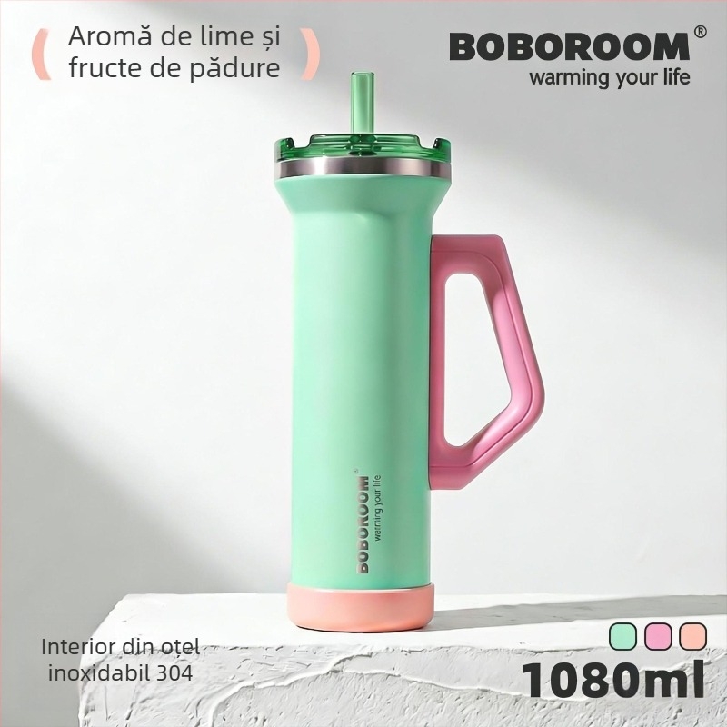 Pahar auto din oțel inoxidabil, 1080 ml, cu mâner, izolație în vid, capac cu pai