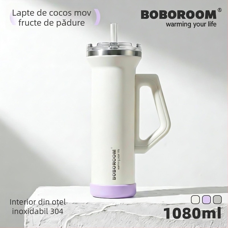 Pahar auto din oțel inoxidabil, 1080 ml, cu mâner, izolație în vid, capac cu pai