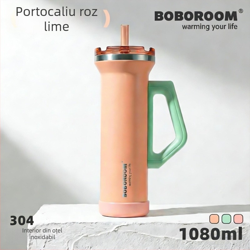 Pahar auto din oțel inoxidabil, 1080 ml, cu mâner, izolație în vid, capac cu pai