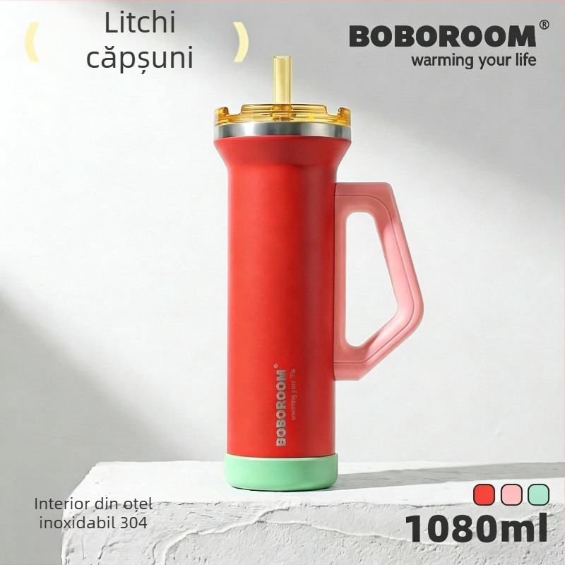 Pahar auto din oțel inoxidabil, 1080 ml, cu mâner, izolație în vid, capac cu pai