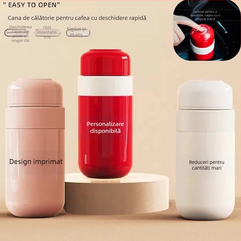 Ceșă de cafea pentru călătorii cu capac la un singur click, mini pentru femei, termos din oțel 316, design premium