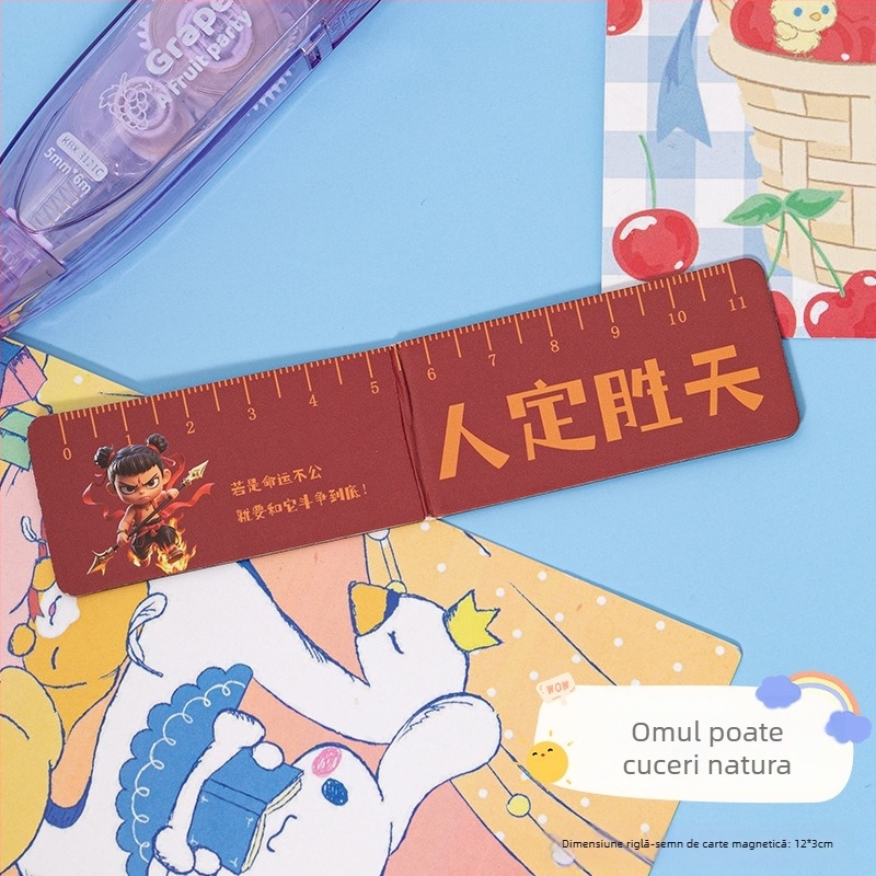 Semn de carte magnetic cu riglă pentru elevi — pliabil, multifuncțional, Nezha semn de carte, cadou de papetărie