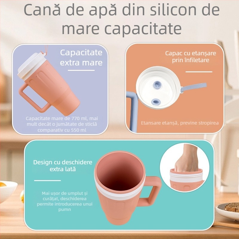 Cană din silicon, capacitate mare, pentru călătorii și utilizare în mașină — ecologică și sănătoasă pentru sporturi în aer liber, durabilă și rezistentă la căderi