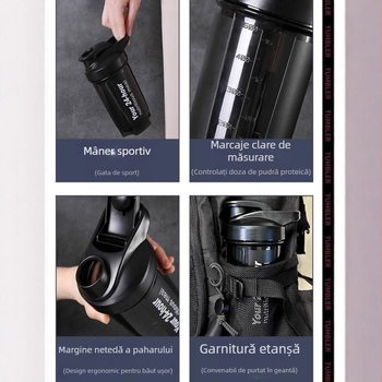 Shaker de fitness pentru băuturi sportive, sticlă cu capac etanș, cană de amestec cu scară gradată, shaker pentru milkshake și recipient pentru pudră proteică