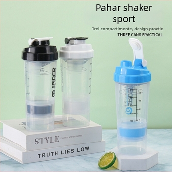 Cana shaker cu două straturi, porționare, capacitate mare, etanșă, pentru pudră de proteine, milkshake și băuturi sportive