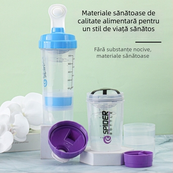 Cana shaker cu două straturi, porționare, capacitate mare, etanșă, pentru pudră de proteine, milkshake și băuturi sportive