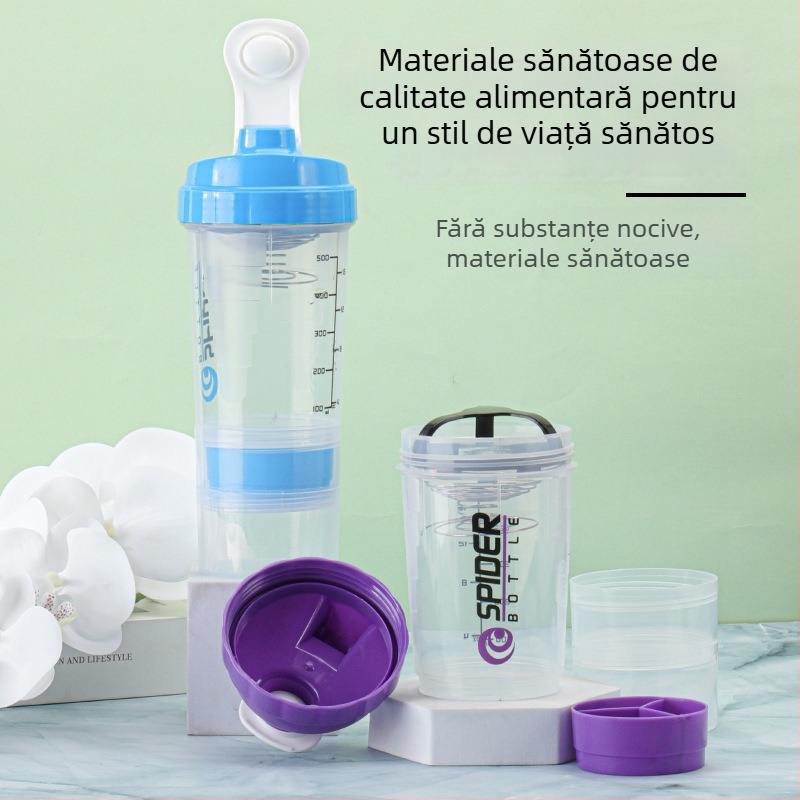 Cana shaker cu două straturi, porționare, capacitate mare, etanșă, pentru pudră de proteine, milkshake și băuturi sportive