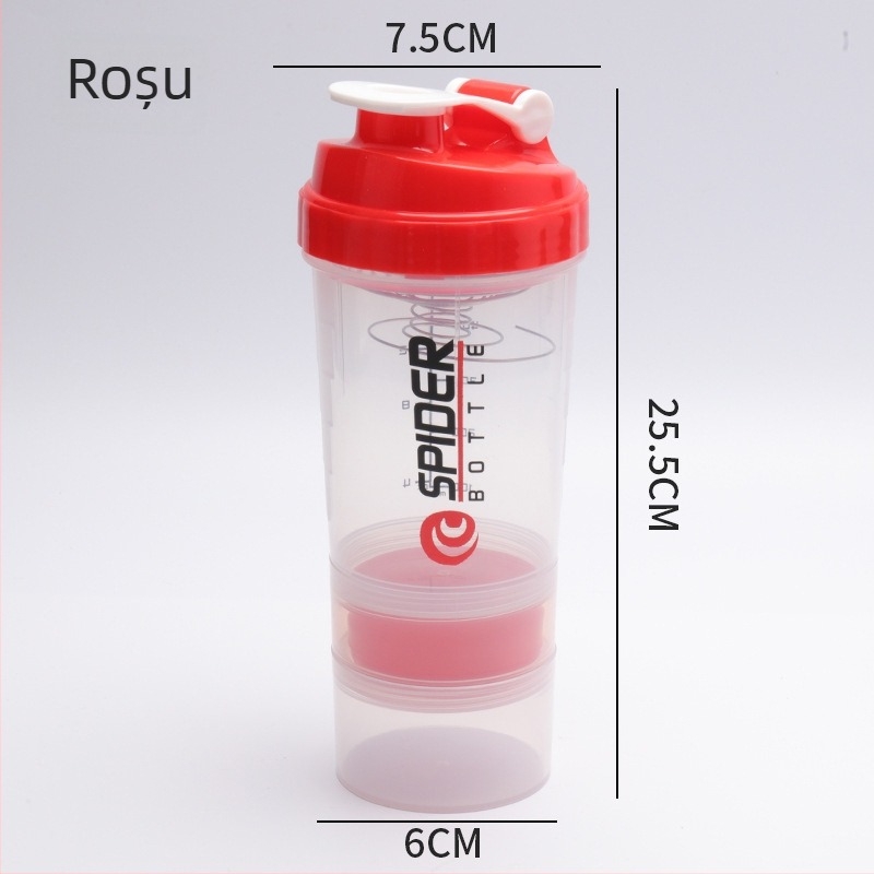 Cana shaker cu două straturi, porționare, capacitate mare, etanșă, pentru pudră de proteine, milkshake și băuturi sportive